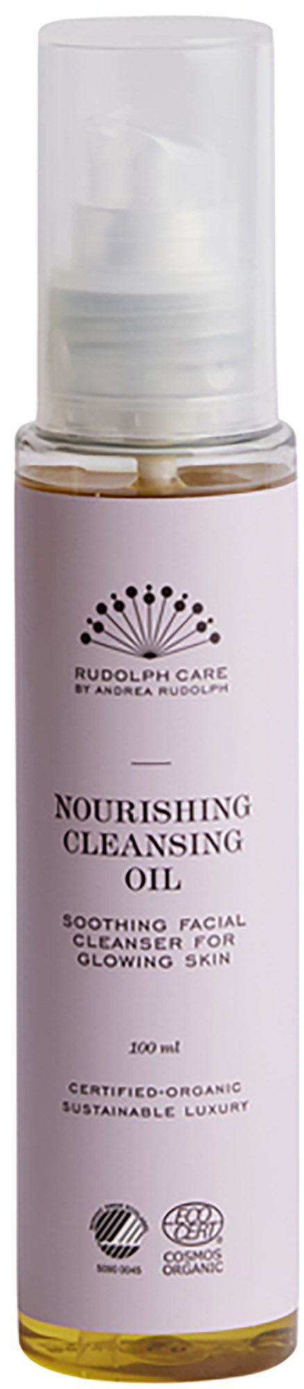 A tall, slim bottle with a clear pump, containing nourishing cleansing oil for glowing skin, certified organic and eco-friendly.