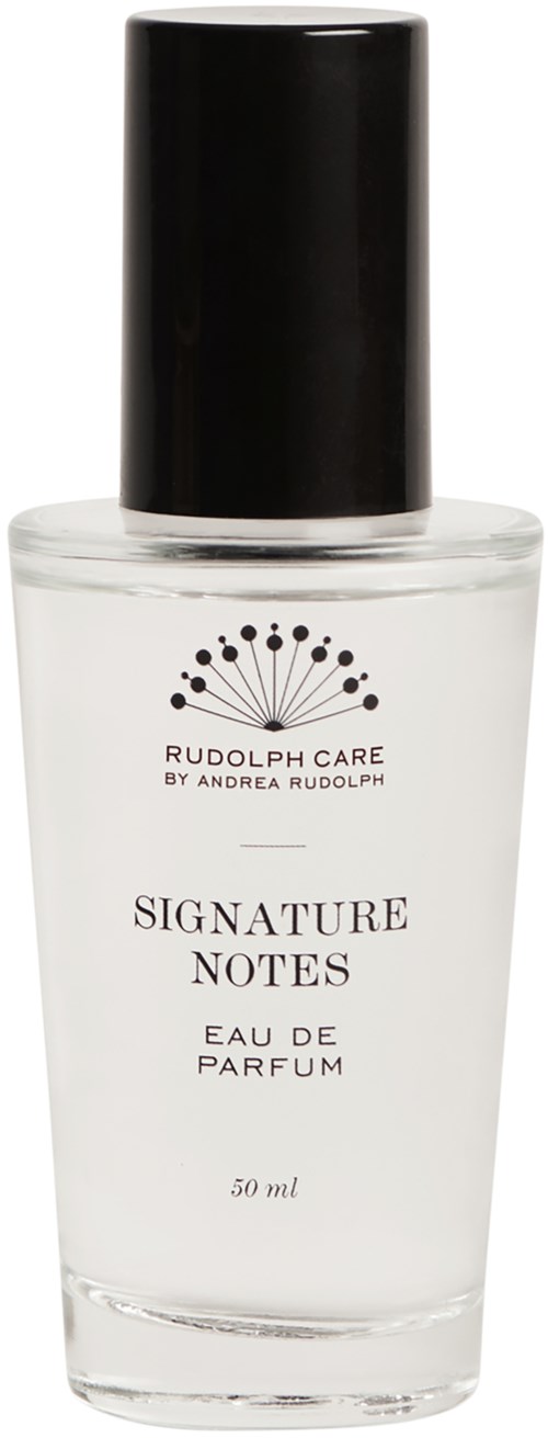Tydlig parfymflaska med svart lock, märkt Rudolf Care Signature Notes Eau de Parfum, 50 ml.