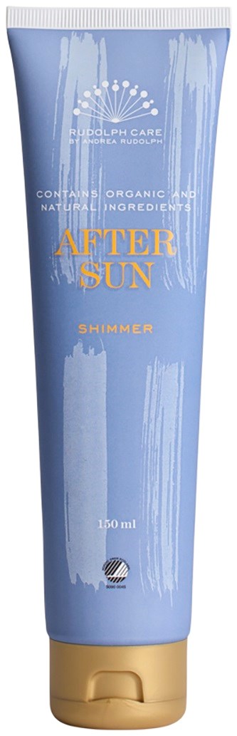 Blue tube labeled After Sun Shimmer, contains organic ingredients, 150 ml, with a beige cap.