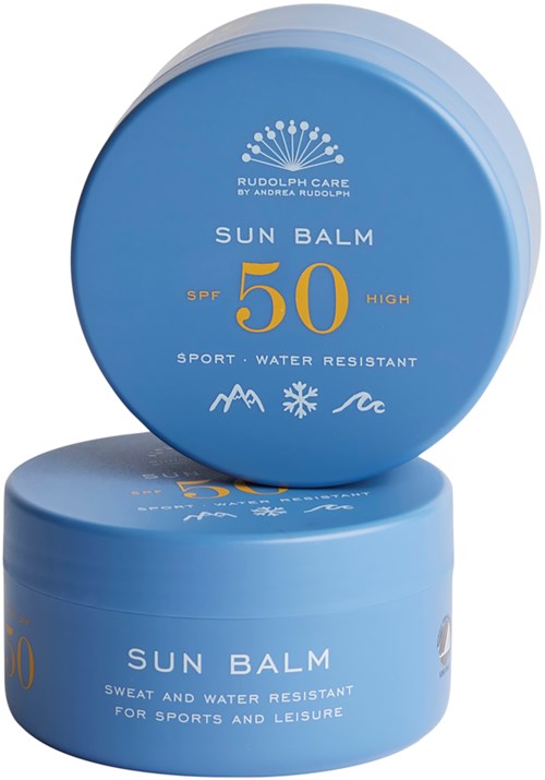 Blue round containers with SPF 50, water resistant, for sports and leisure, labeled Rudolph Care sun balm.
