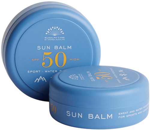 Blue round container of sun balm with SPF 50, designed for sports and water activities.