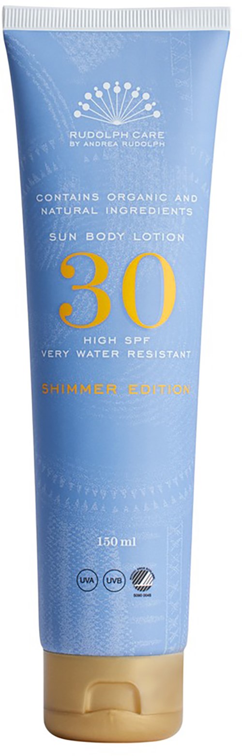 Blue sun protection lotion bottle with gold cap, SPF 30, indicates water resistance, organic ingredients, and summer edition.