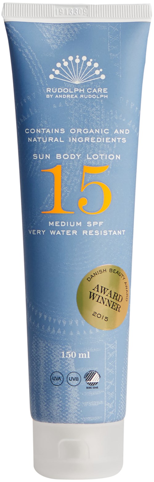 Blaue Tube mit Sonnenlotion mit SPF 15, hebt Bio-Inhaltsstoffe, Wasserfestigkeit und eine Auszeichnung hervor.