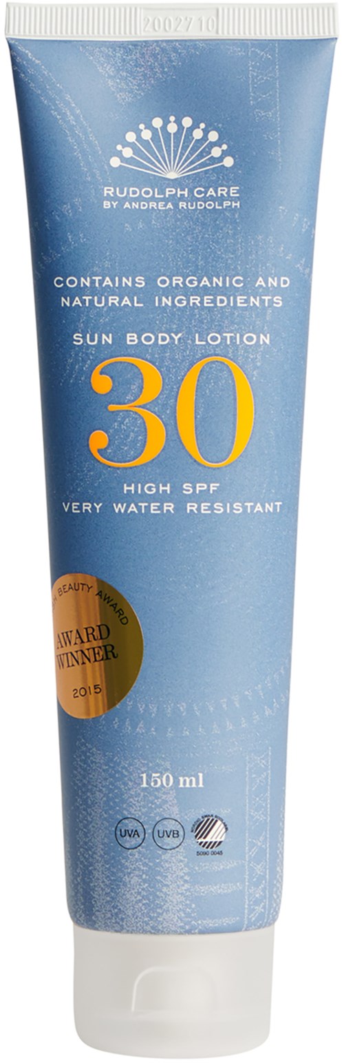 Blue sunscreen lotion tube with large yellow '30' and sun protection details. Contains organic ingredients, water-resistant, 150ml.