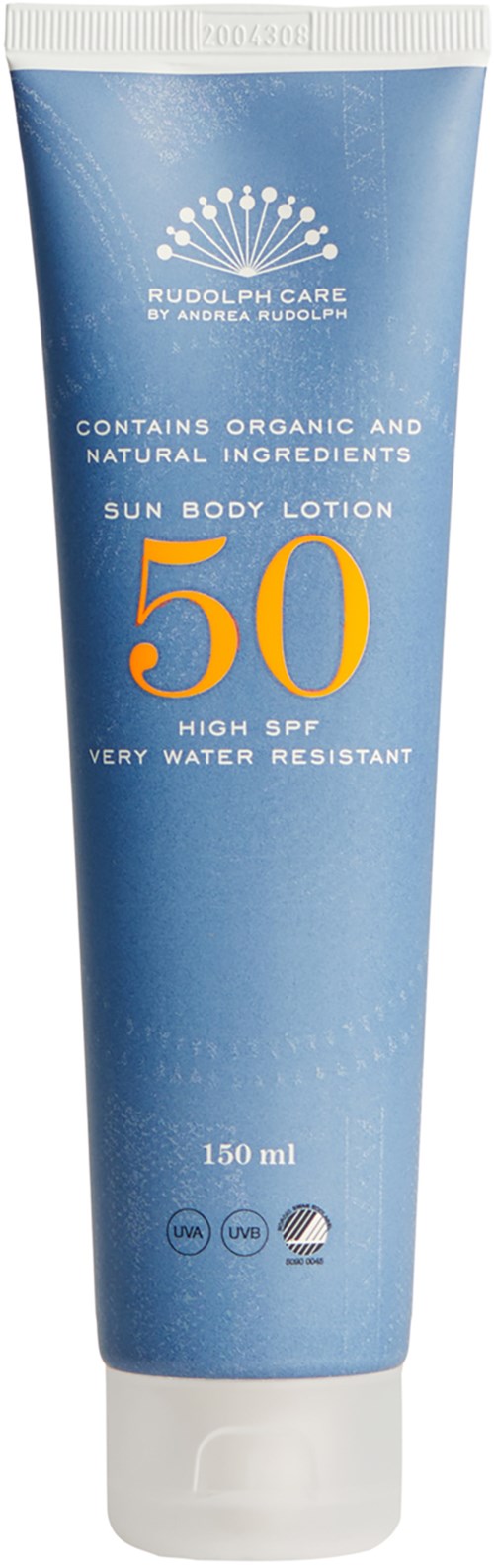 Blå flaska solkräm med SPF 50, innehåller naturliga ingredienser, vattentät, 150 ml.
