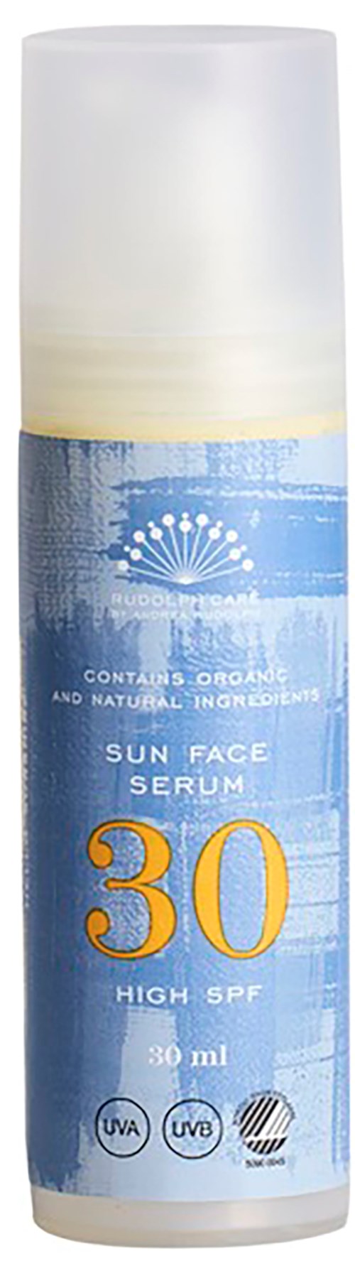 En blå och vit solansiktsserumbehållare med SPF 30, naturliga ingredienser och UVA/UVB-skydd.