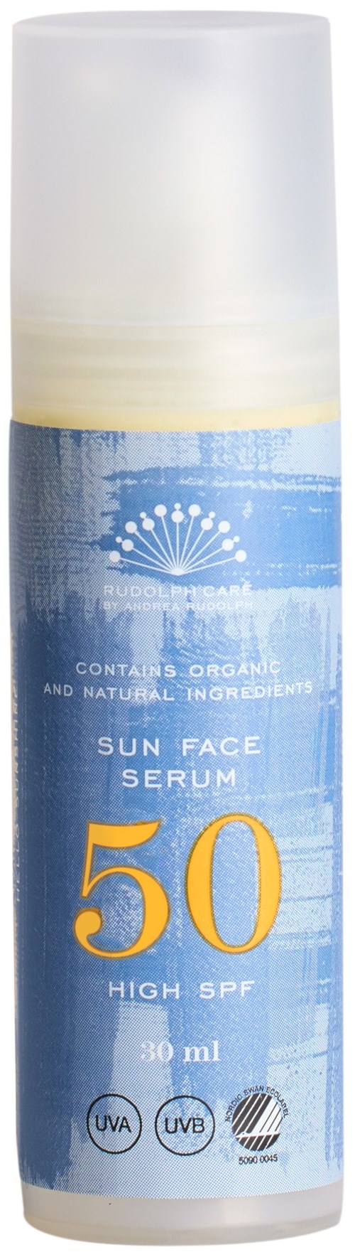 En blåvit cylindrisk flaska märkt Sun Face Serum med SPF 50. Innehåller ekologiska ingredienser och ger solskydd.