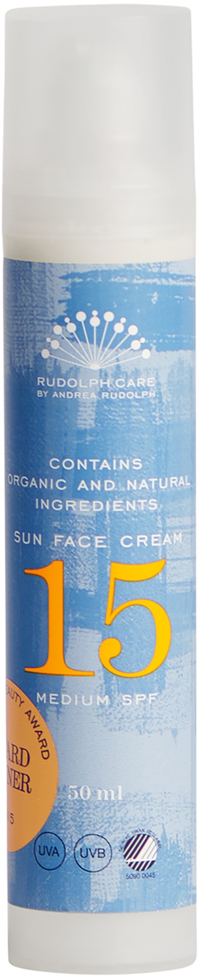 A sunscreen tube labeled SPF 15 with a white cap, blue background, and orange and white text.