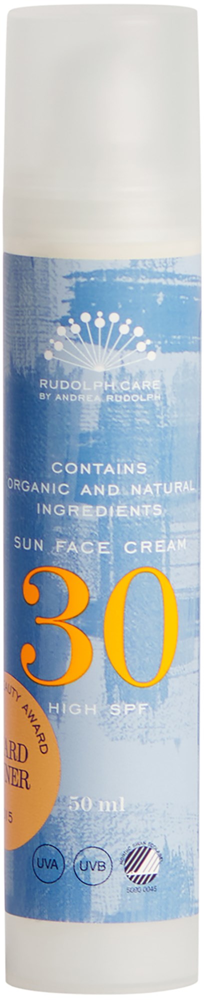 A white and blue sun protection cream bottle with a 30 SPF label, containing organic ingredients.