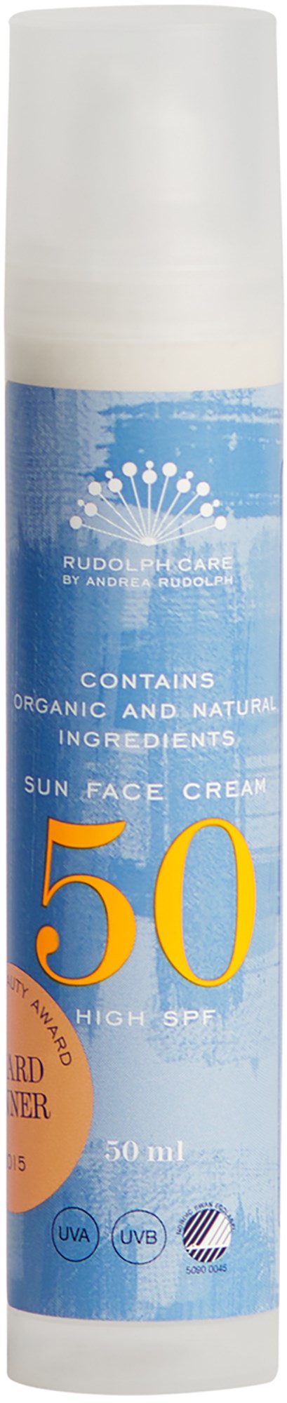 A white and blue sun face cream stick with 'SPF 50' written on it, containing natural ingredients.
