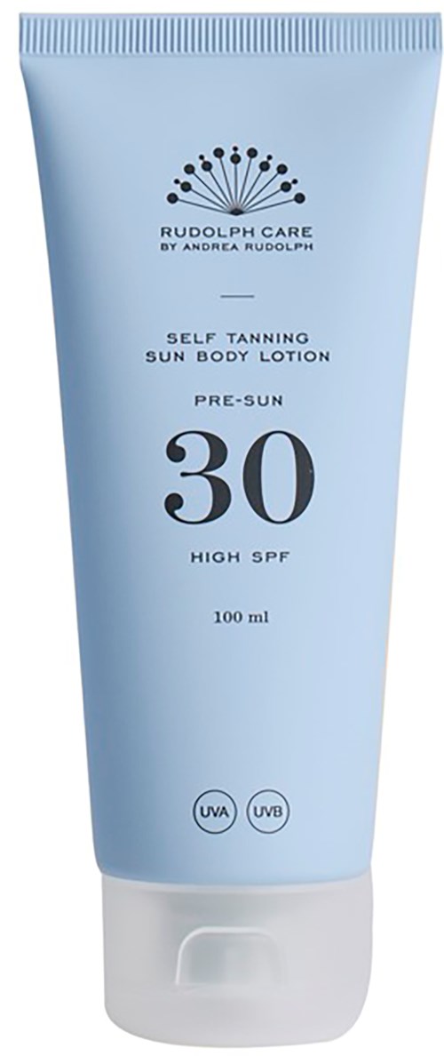 Light blue bottle of sun tanning lotion with SPF 30 and UVA/UVB protection.