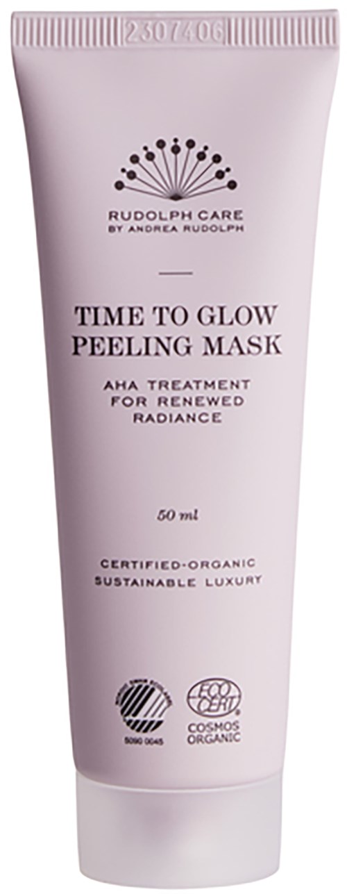 Een roze tube Rudolph Care Time to Glow Peeling Mask met tekst over organische, cruelty-free en duurzame eigenschappen.