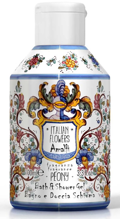 A white bottle with colorful floral designs and a label saying 'Italian Flowers Amalfi' for bath gel.