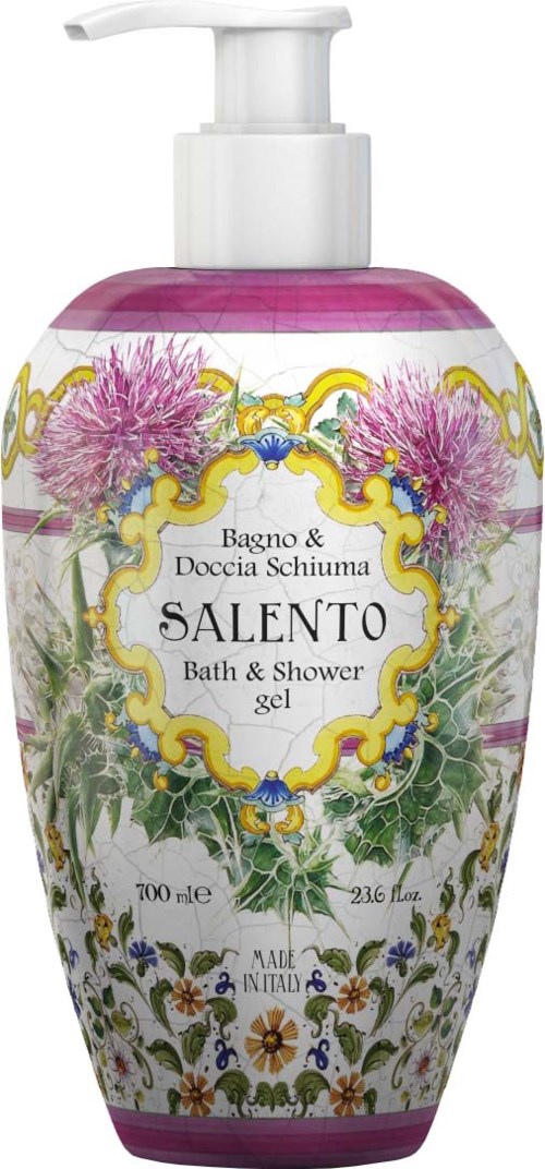 A decorative bottle of bath and shower gel with floral and colorful designs, labeled 'Salento'.