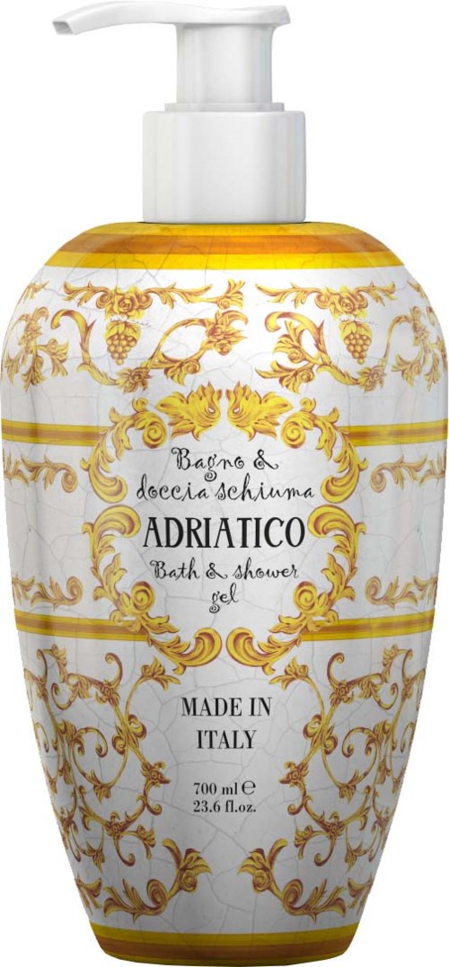 A white bottle with gold designs and black text for bath and shower gel from Italy.