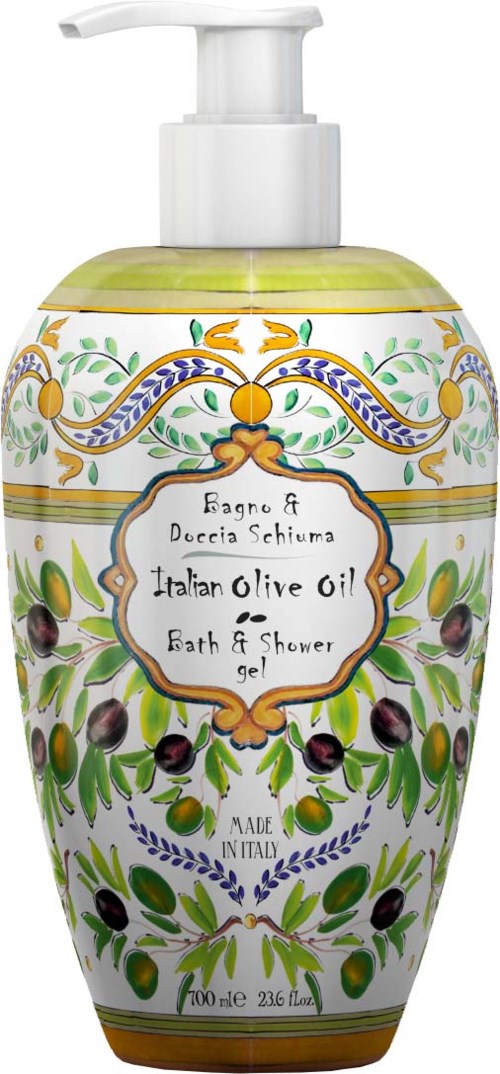 A decorative bottle of bath and shower gel with olive and floral design, labeled as Italian Olive Oil product.