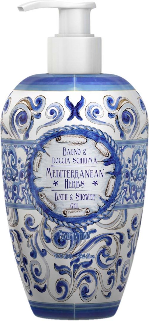 A white bottle with blue swirls and patterns, labeled 'Mediterranean Herbs' bath and shower gel with a pump top.