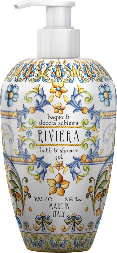 A decorative soap and shower gel bottle with blue, yellow, and green floral patterns, labeled 'Riviera' from Italy.