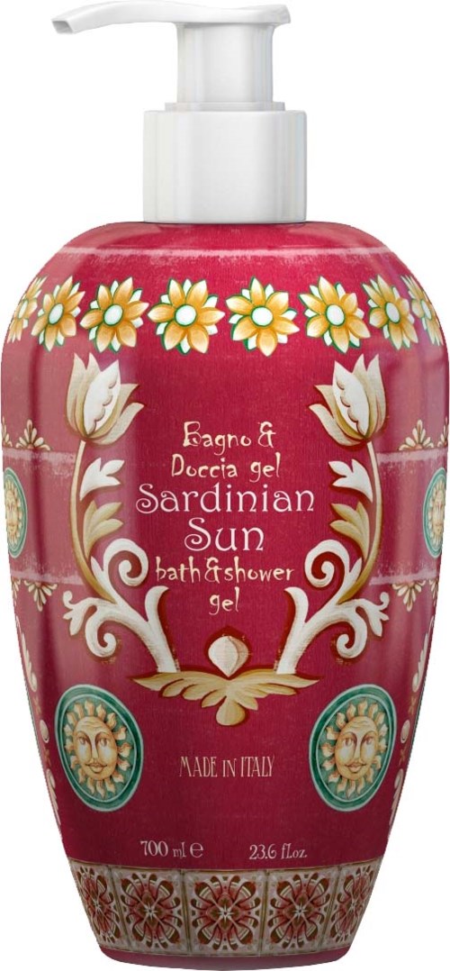 Punainen pullo, jossa on valkoinen annostelupää, koristeltu kukilla ja beige-designeillä, merkitty Mediterranean Sun -kylpy- ja suihkugeeliksi.