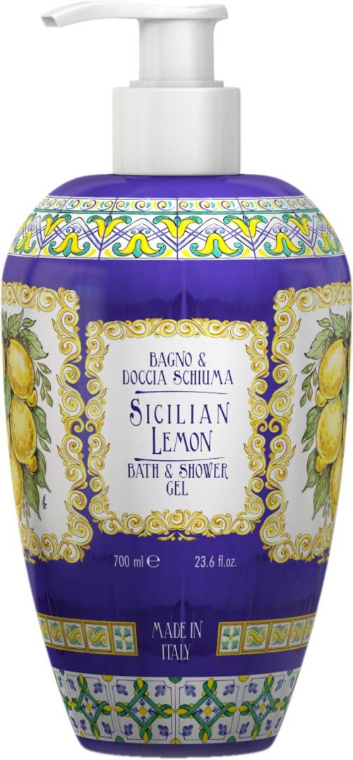 A purple and white bottle with yellow lemons, decorative patterns, and a pump dispenser for bath gel.