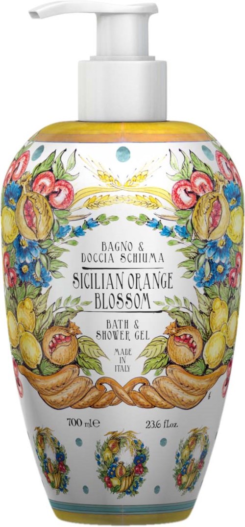 A white bottle with a pump, decorated with colorful floral and fruit patterns, labeled Sicilian Orange Blossom bath and shower gel.