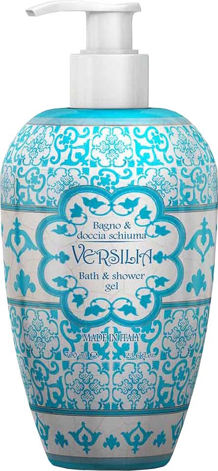 A white and blue bath gel bottle with a pump, decorated with intricate patterns, labeled 'Versilia Bath & Shower Gel'.