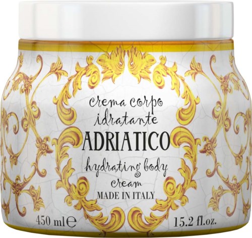A white jar with gold decorative patterns, labeled as Adriatico hydrating body cream made in Italy, 450 ml.