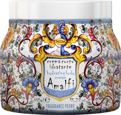 Decorative jar label with floral patterns, a white crown, and text about a hydrating body cream called Amalfi.