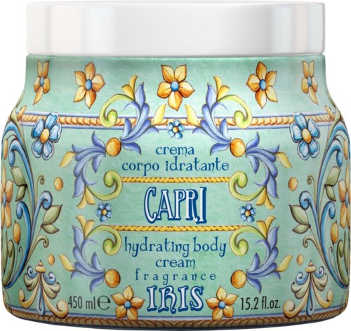 A decorative jar of Capri Iris hydrating body cream with floral and colorful design. The jar has a white lid.