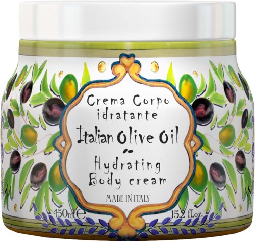 A round jar of Italian olive oil body cream with green, purple, and yellow olives and leaves on the label.