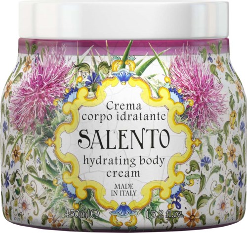 Colorful floral design with a white lid, labeled as hydrating body cream from Italy, containing 450ml.