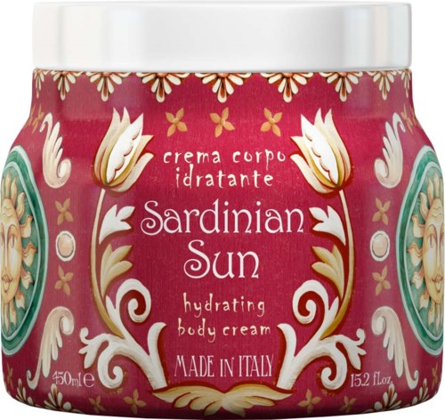 Pink jar with white lid, gold and white floral decorations, labels saying 'Sardinian Sun' moisturizing body cream, 450 ml.