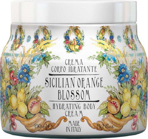 A white jar with colorful floral and fruit designs, labeled as Sicilian Orange Blossom hydrating body cream, made in Italy.