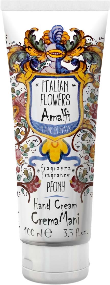Valkoinen käsivoideputeli, jossa on värikkäitä kukkakuvioita ja koristeita, merkinnällä "Italian Flowers Amalfi".