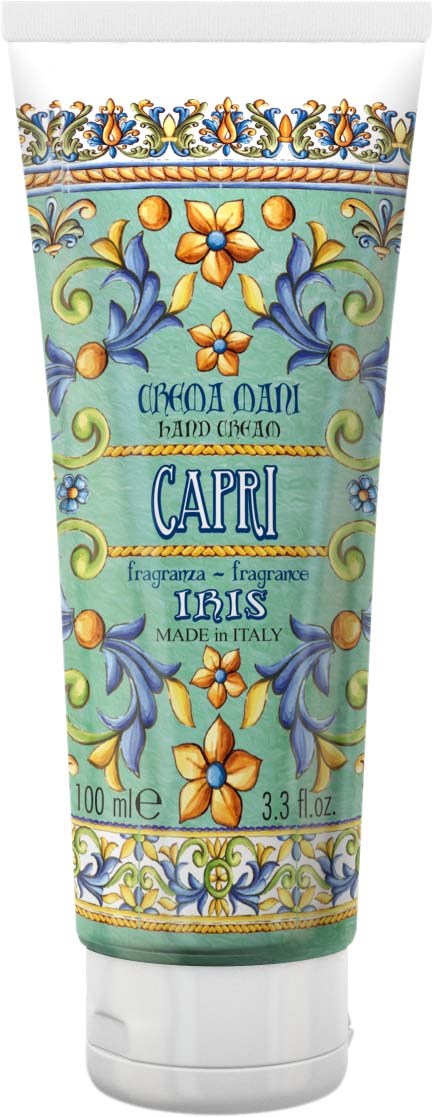 Värikäs putkilasi kukkakuvioilla ja italialaisella tekstillä, jonka nimi on Capri Iiriksen valmistama tuoksu.