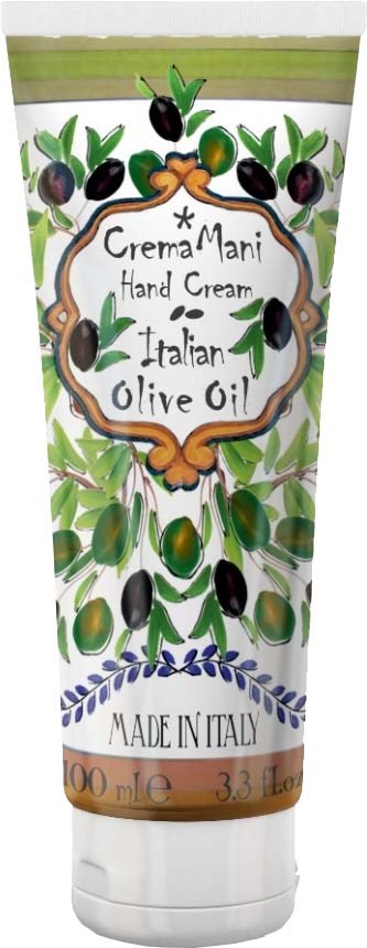 A tube of hand cream with olive and purple olive illustrations, labeled as made in Italy.