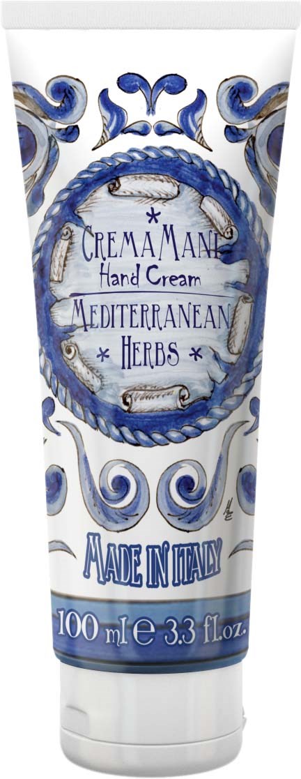 A white tube of hand cream with blue and purple decorative designs and text, indicating it is made in Italy.
