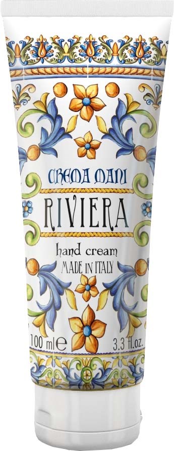 Färgglad blomsterdesign på tuben, märkning Riviera handkräm tillverkad i Italien, 100 ml.