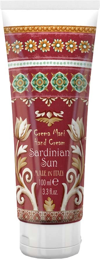 Koristeellinen putki kukkakuvioilla ja tekstillä Sardinian Sun käsivoiteelle.