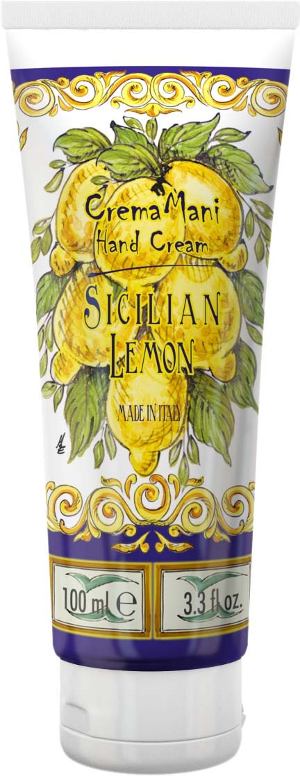 Hand cream tube with yellow lemons and green leaves, labeled 'Sicilian Lemon' and 'Made in Italy.'