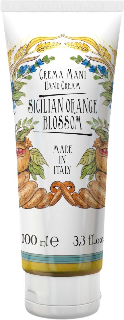 A white tube of hand cream with floral designs, orange blossoms, and yellow wheat, labeled 'Sicilian Orange Blossom' from Italy.