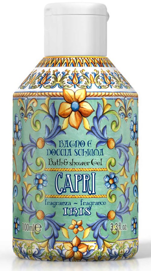 A decorative bottle of bath and shower gel with blue, yellow, and green floral patterns and text about Capri scent.
