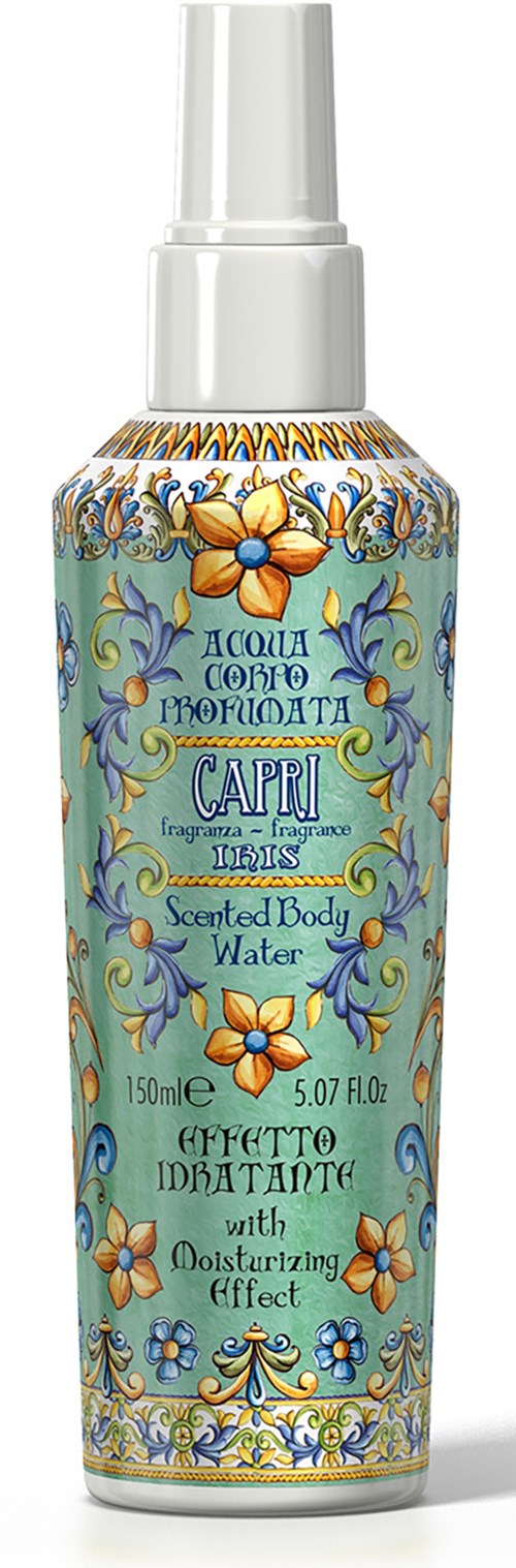 A decorative spray bottle with blue, yellow, and white floral patterns, labeled as scented body water with moisturizing effect.