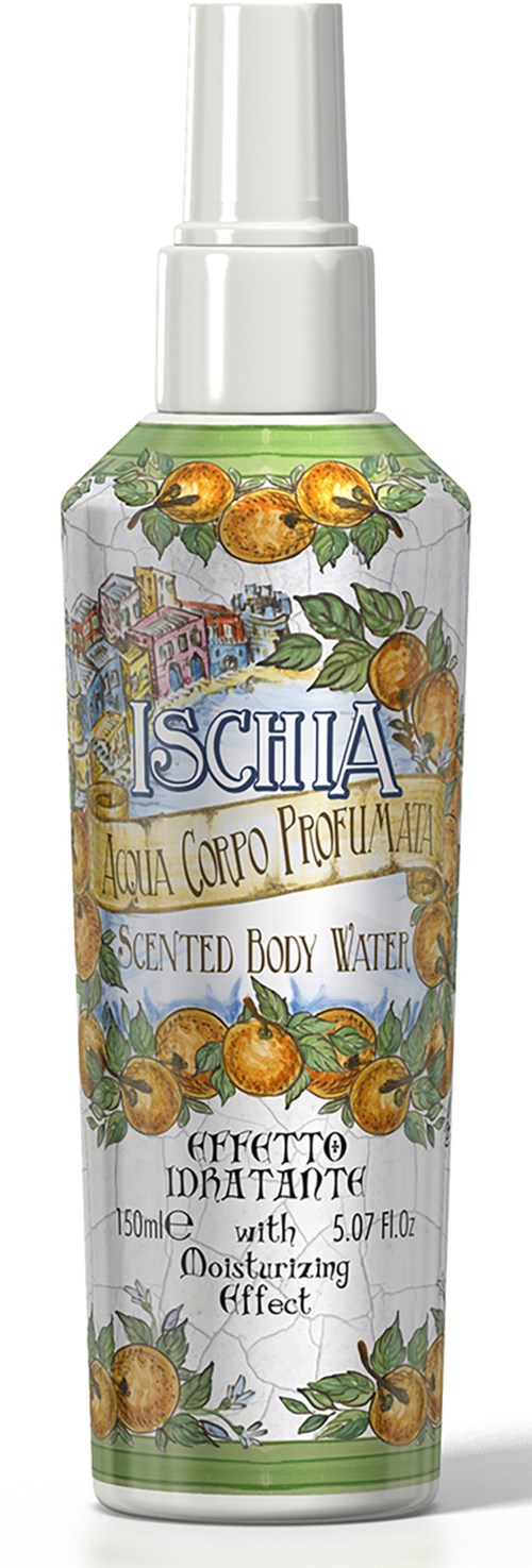 Kehonsuihke pullo, jossa lukee 'Ischia Scented Body Water', kuvitettu oranssilla ja vihreällä sitrusfrukteilla.