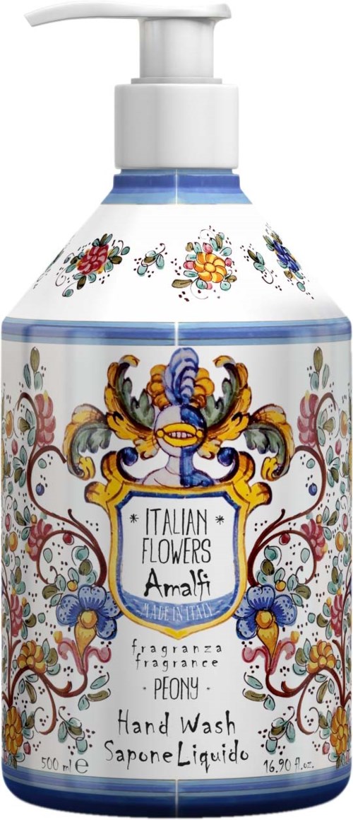 Colorful floral design on a white bottle with a pump, labeled 'Italian Flowers Amalfi' hand wash.