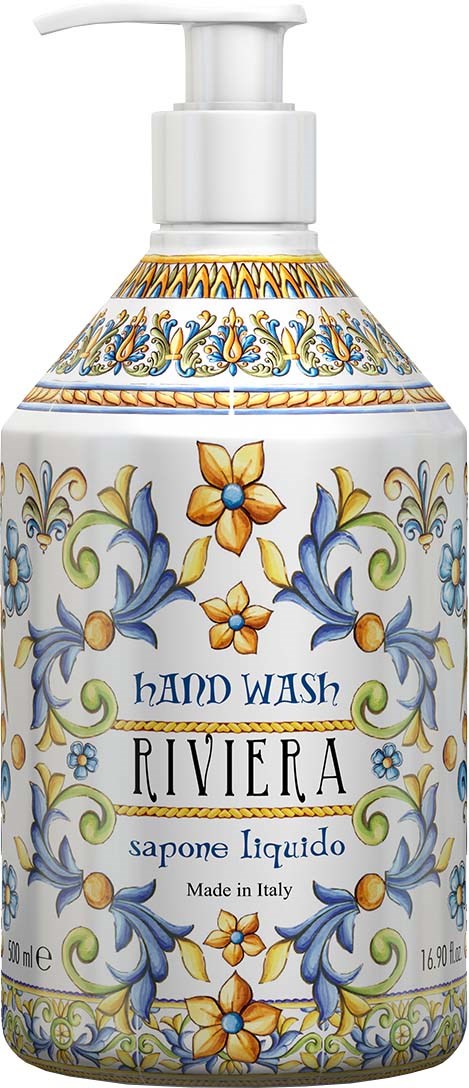 Koristeellinen käsisaippuapullo, jossa on sinisiä, keltaisia ja vihreitä kukkamuotoja, merkinnällä "Hand Wash Riviera" tehty Italiassa.