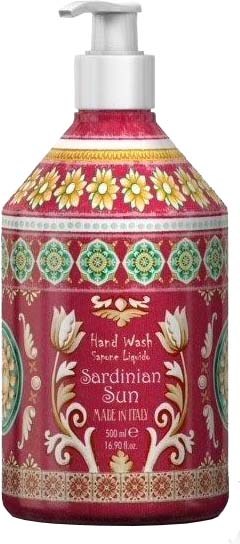 A liquid hand wash bottle with bright pink, yellow, white, and green decorative patterns and text.