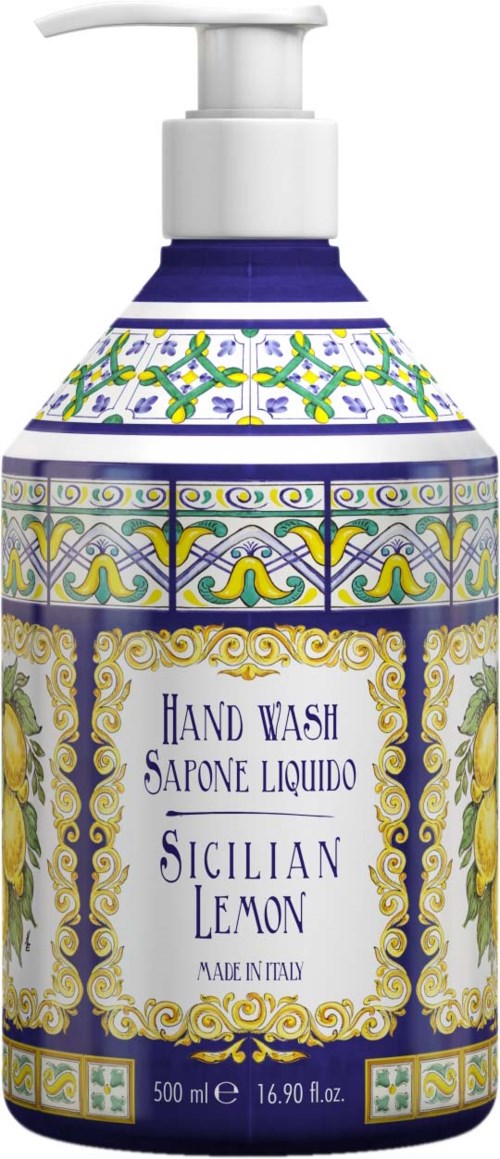 A decorative bottle of hand wash with Sicilian lemon scent, featuring colorful, ornate patterns and a pump top.