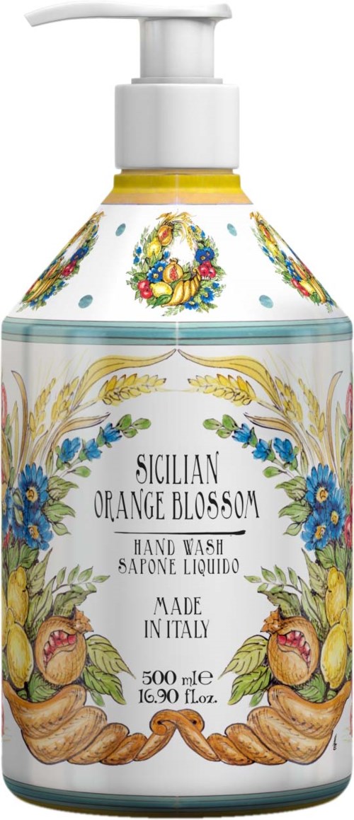 Käsisaippuapullo, jossa kukka- ja hedelmäsuunnittelu, nimeltä "Sicilian Orange Blossom," valmistettu Italiassa, 500 ml.