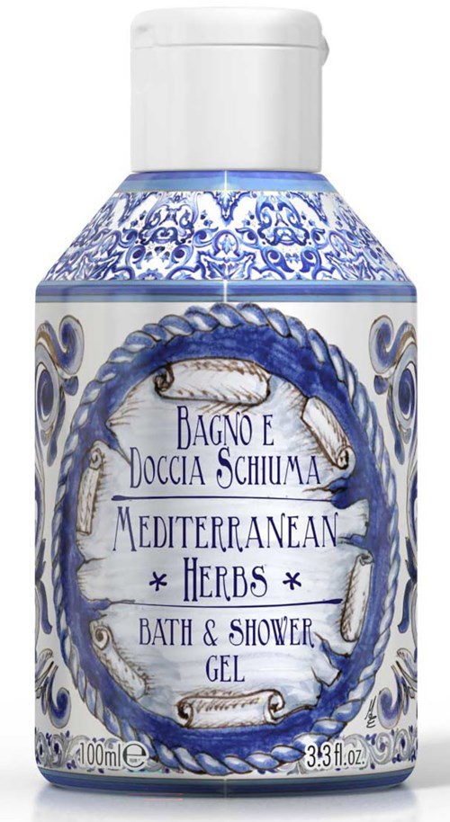 Flaska med blå och vit design, märkning som Medelhavskryddor bad- och duschgel, 400 ml.